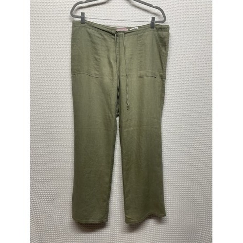 Oboe Olive Green/Khaki Drawstring Cargo Straight Pants Women L China 100% Linen